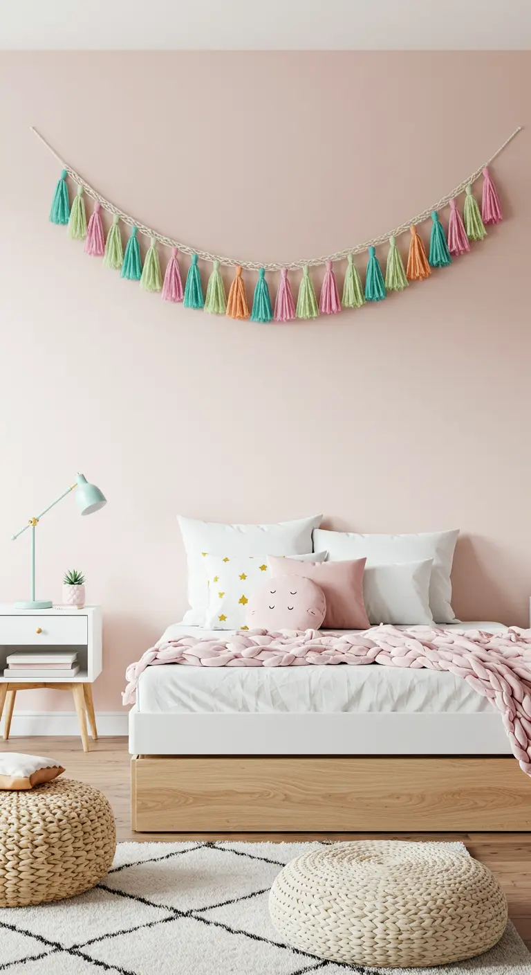 Guirnalda de borlas de colores pastel colgada en una pared rosa sobre la cama.
