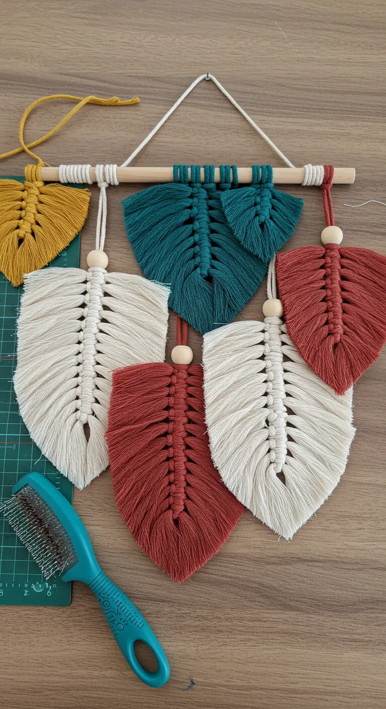 Hojas de macramé de colores siendo cepilladas sobre una mesa de trabajo.