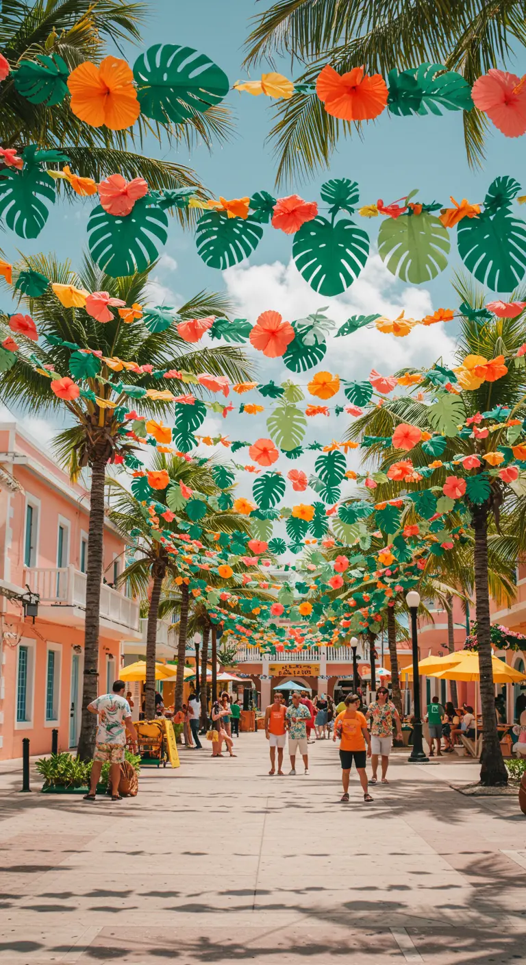 Calle soleada con palmeras y guirnaldas de hojas y flores de papel tropicales.