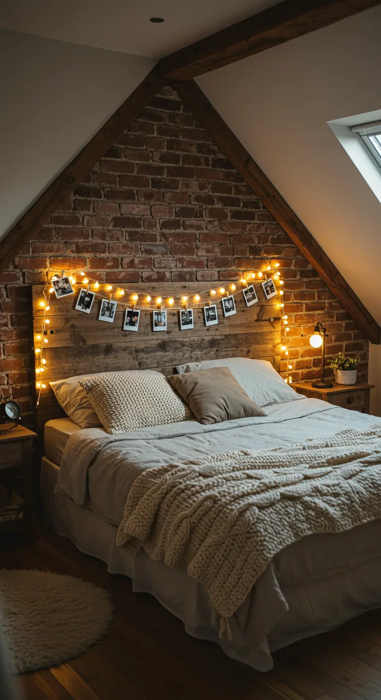 Dormitorio rústico con pared de ladrillo y cabecero de madera decorado con fotos y luces cálidas.