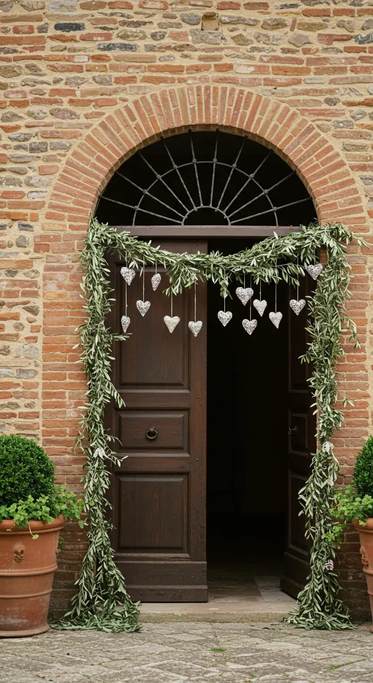 Arco de ramas de olivo decorando una puerta de madera, con corazones plateados colgando.