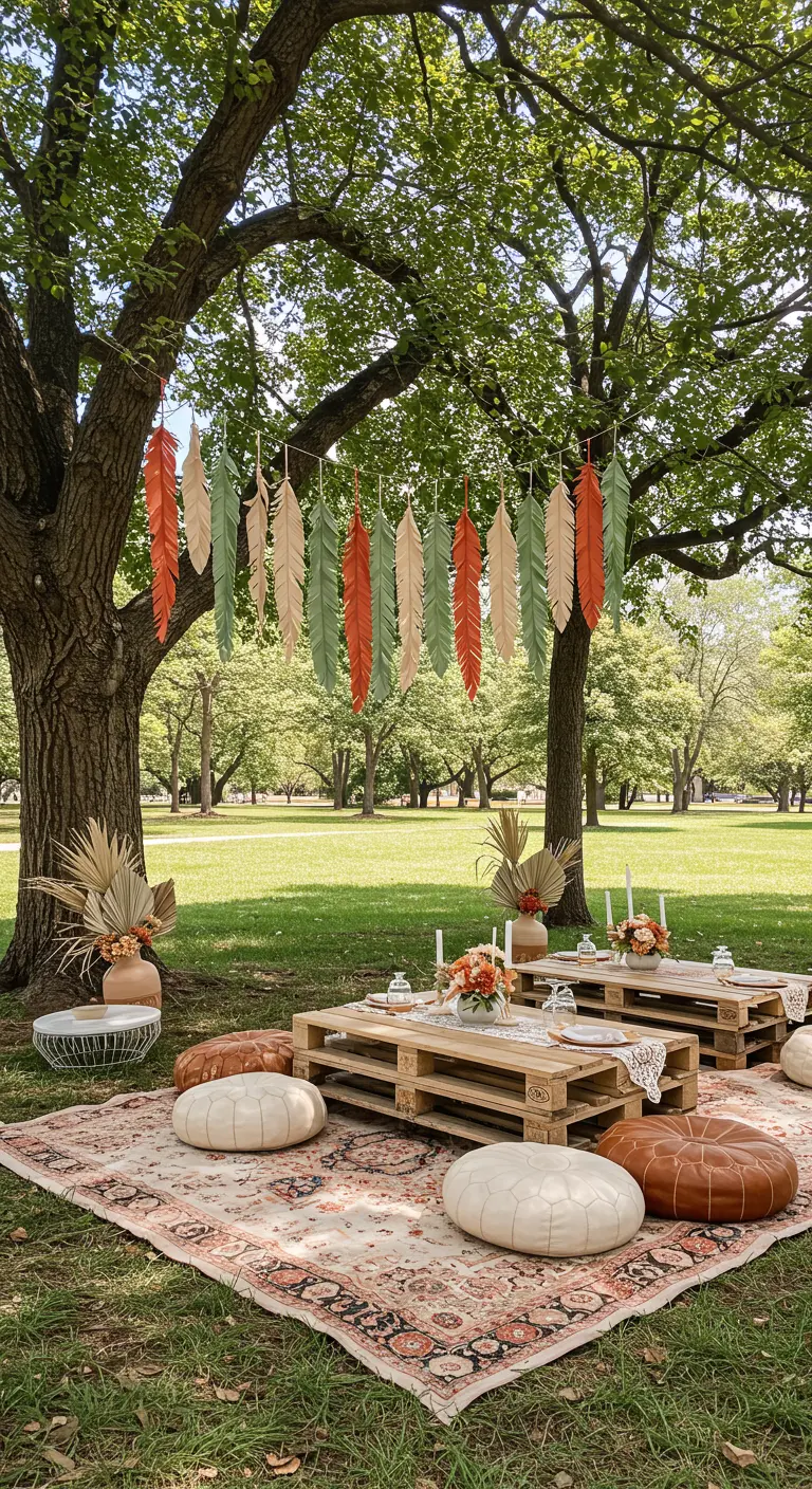 Guirnaldas verticales de plumas de papel en tonos tierra colgando de un árbol.