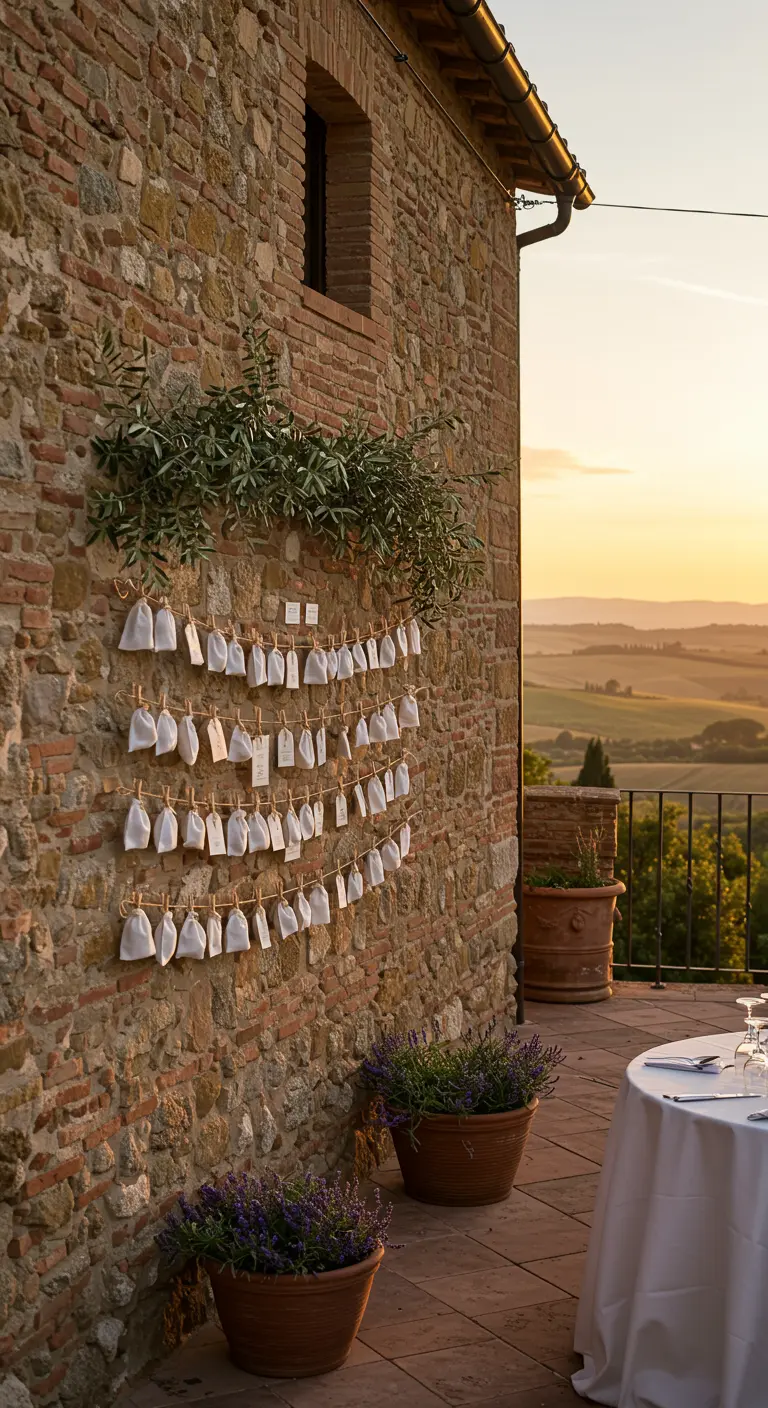 Pared de piedra con guirnaldas de cuerda de las que cuelgan bolsitas de lavanda blancas.