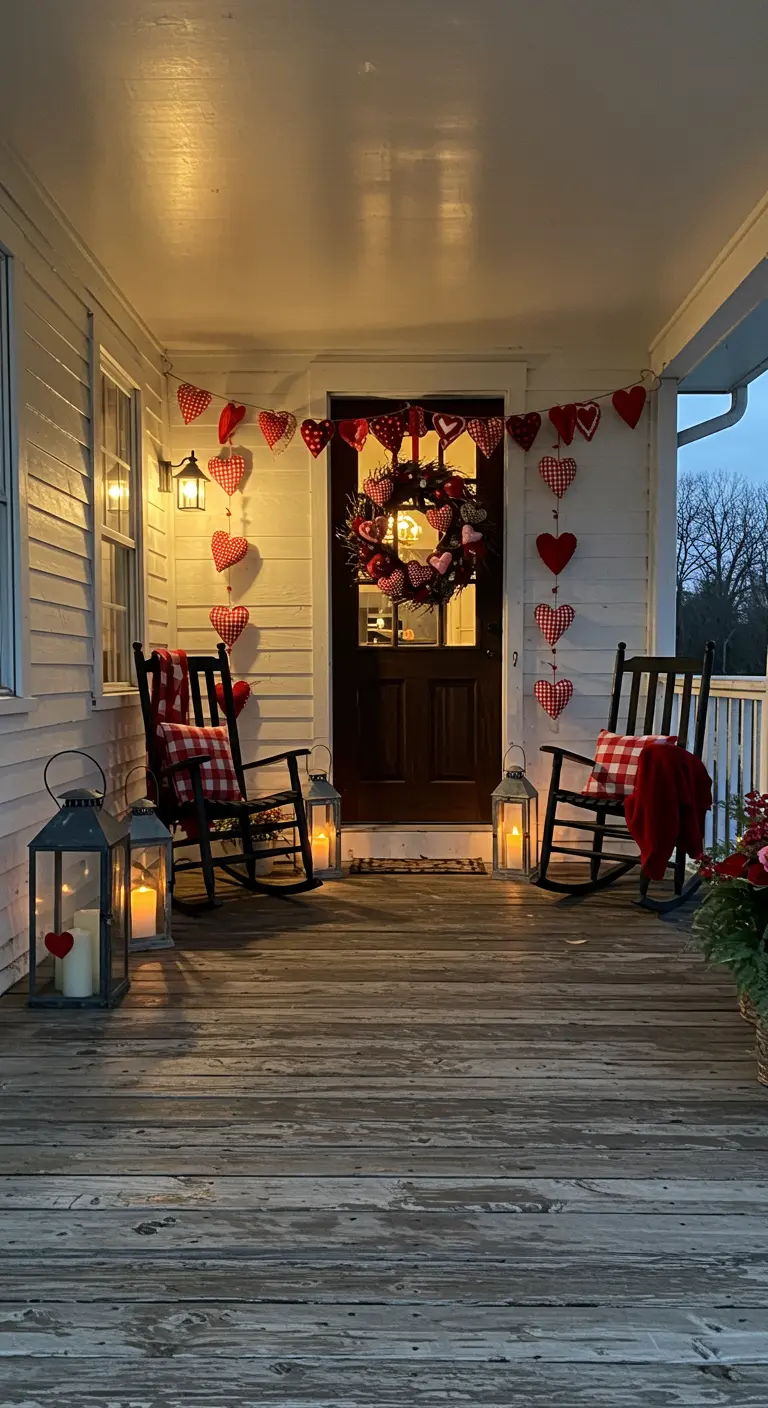 Porche de madera con mecedoras, guirnalda de corazones de tela y farolillos con velas.