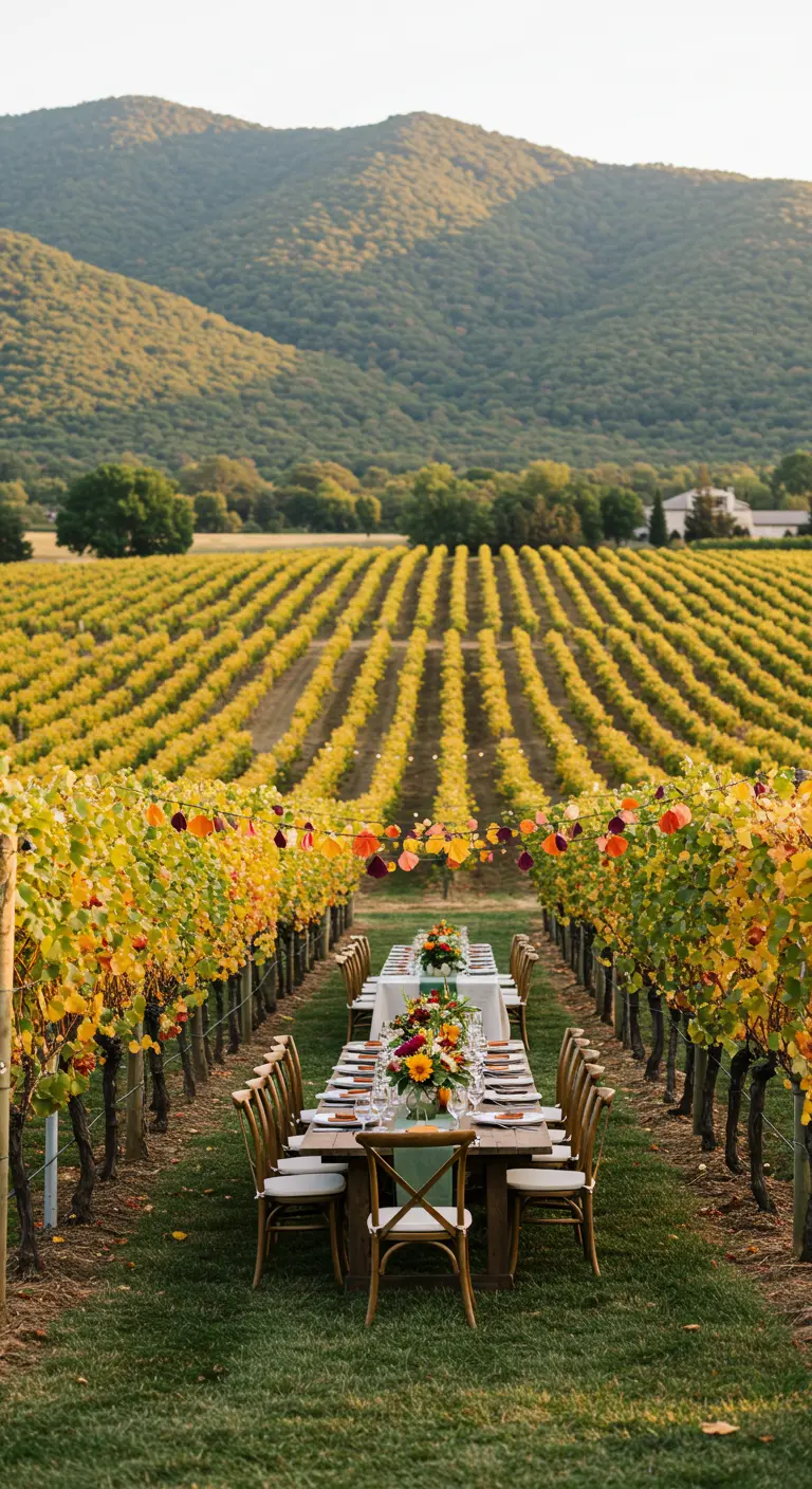 Larga mesa de boda situada entre hileras de un viñedo, con una guirnalda de papel otoñal colgando.