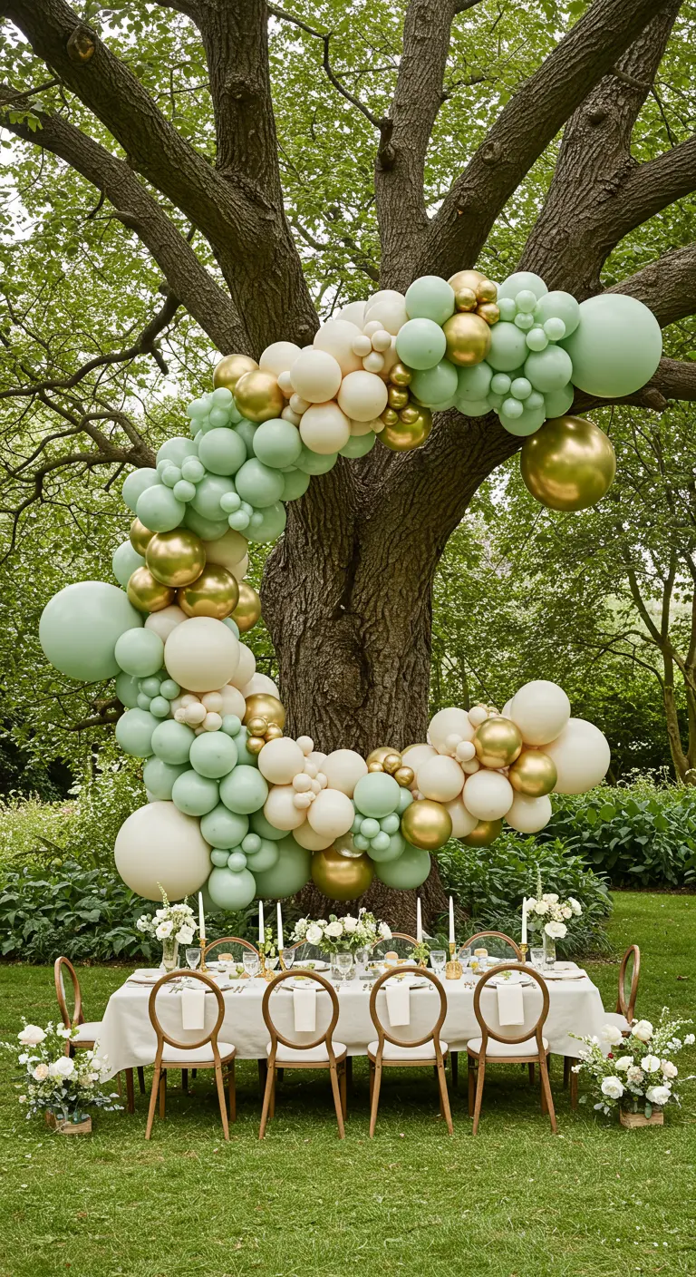 Guirnalda de globos verde, blanco y dorado rodeando el tronco de un árbol.