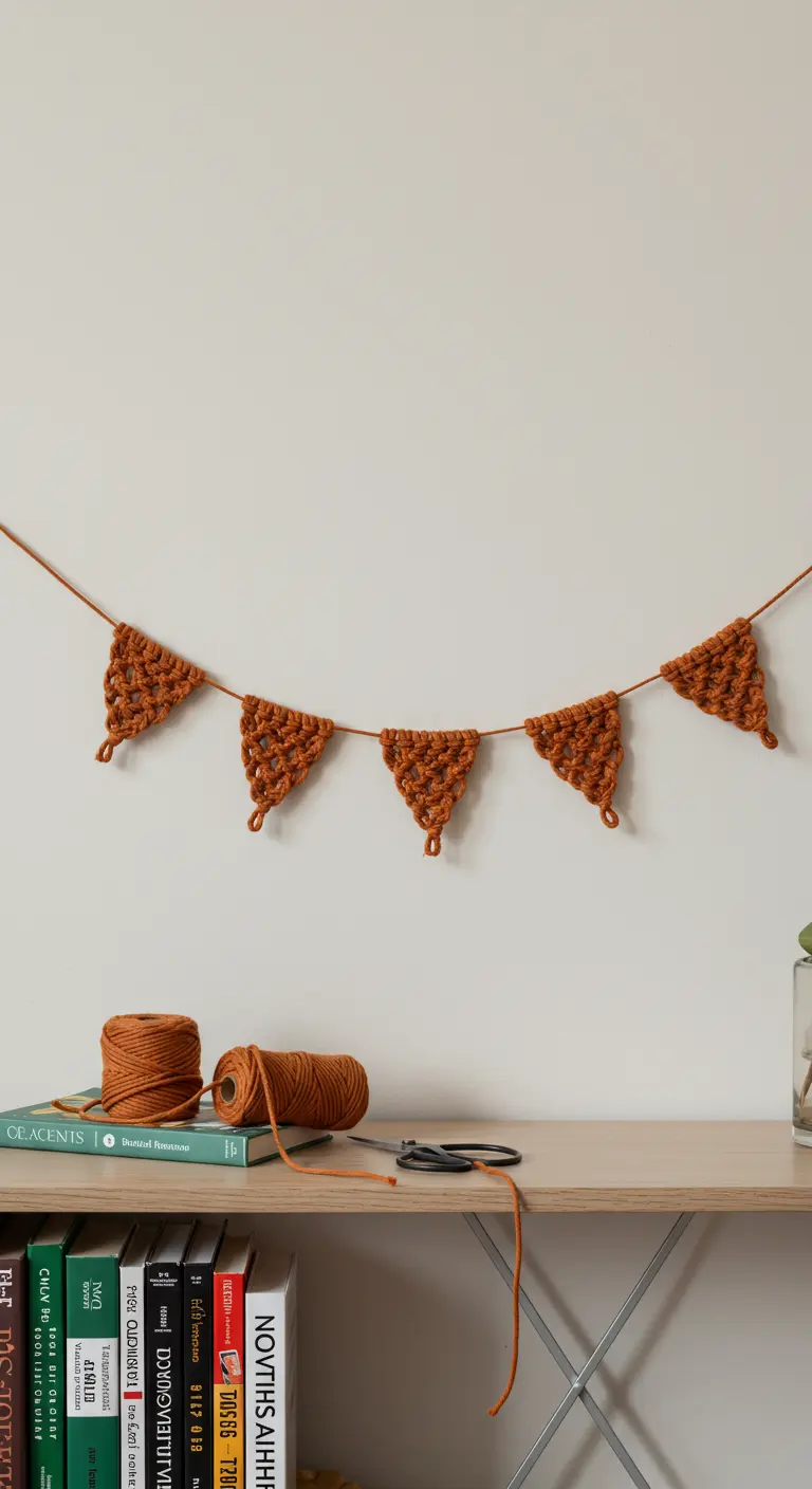 Guirnalda de pequeños banderines triangulares de macramé en color terracota