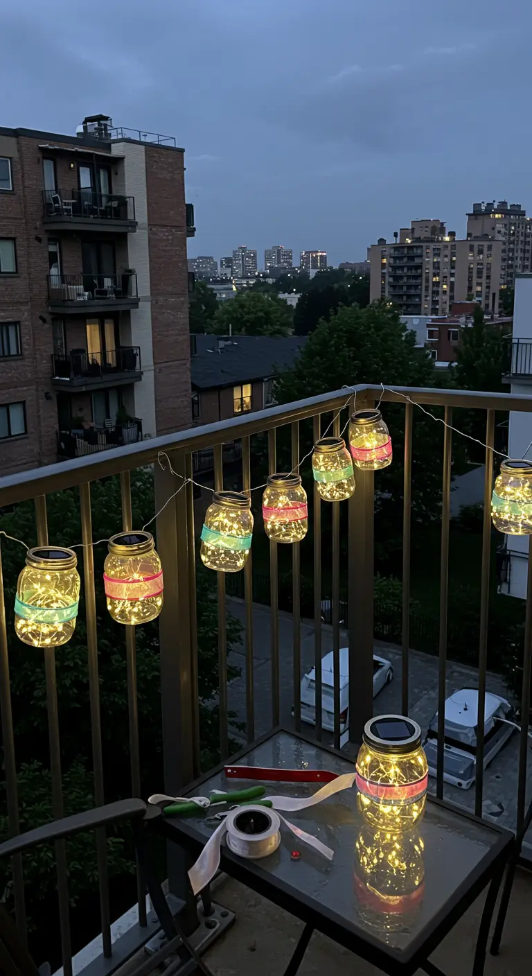 Frascos con luces solares y cintas de colores colgados como una guirnalda en la barandilla de un balcón.