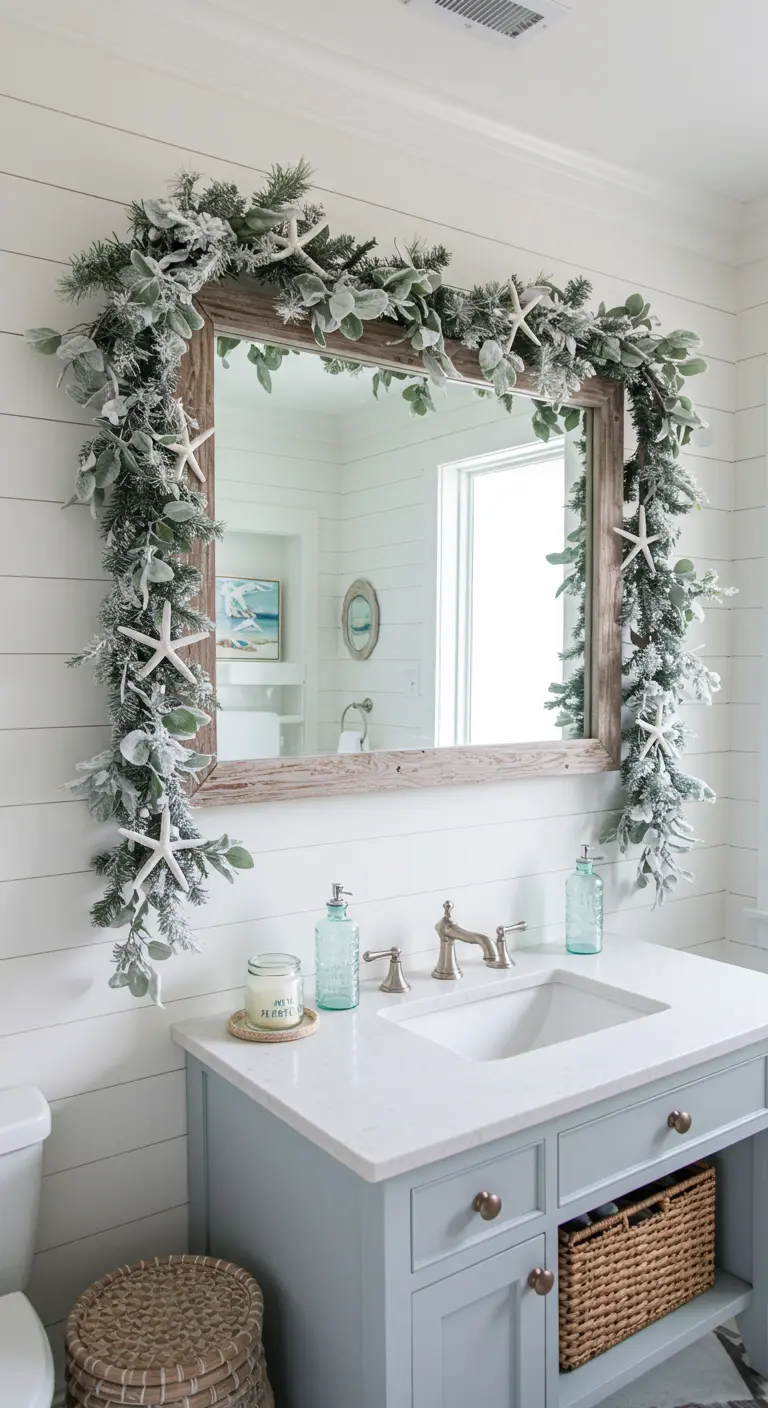 Espejo con marco de madera rodeado por una guirnalda de eucalipto nevado y estrellas de mar.