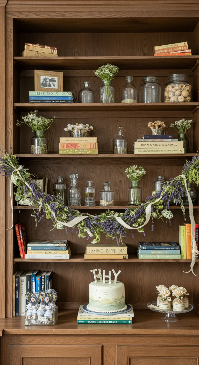 Estantería de madera decorada con una guirnalda de lavanda y paniculata.