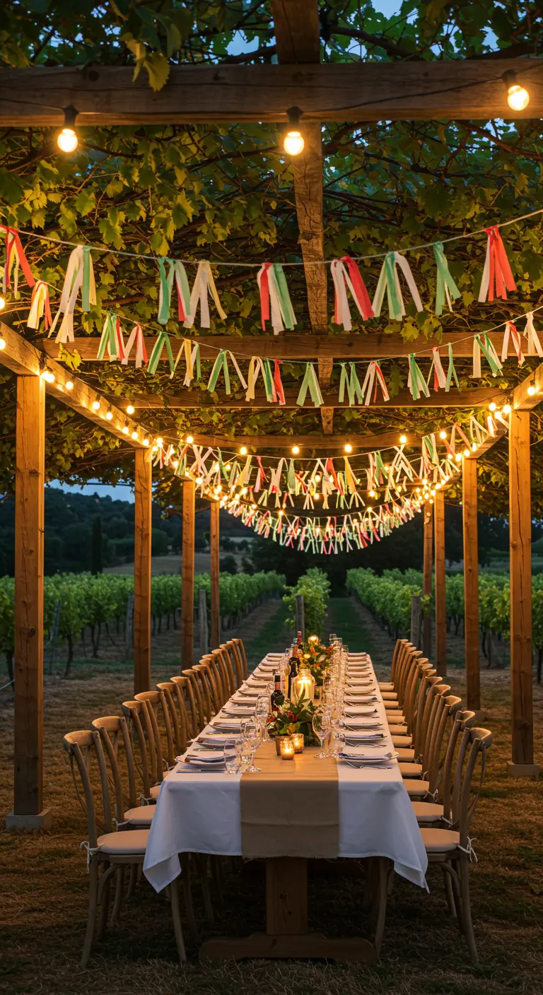 Mesa de cena al aire libre bajo una pérgola de madera con luces y guirnaldas de cintas italianas.