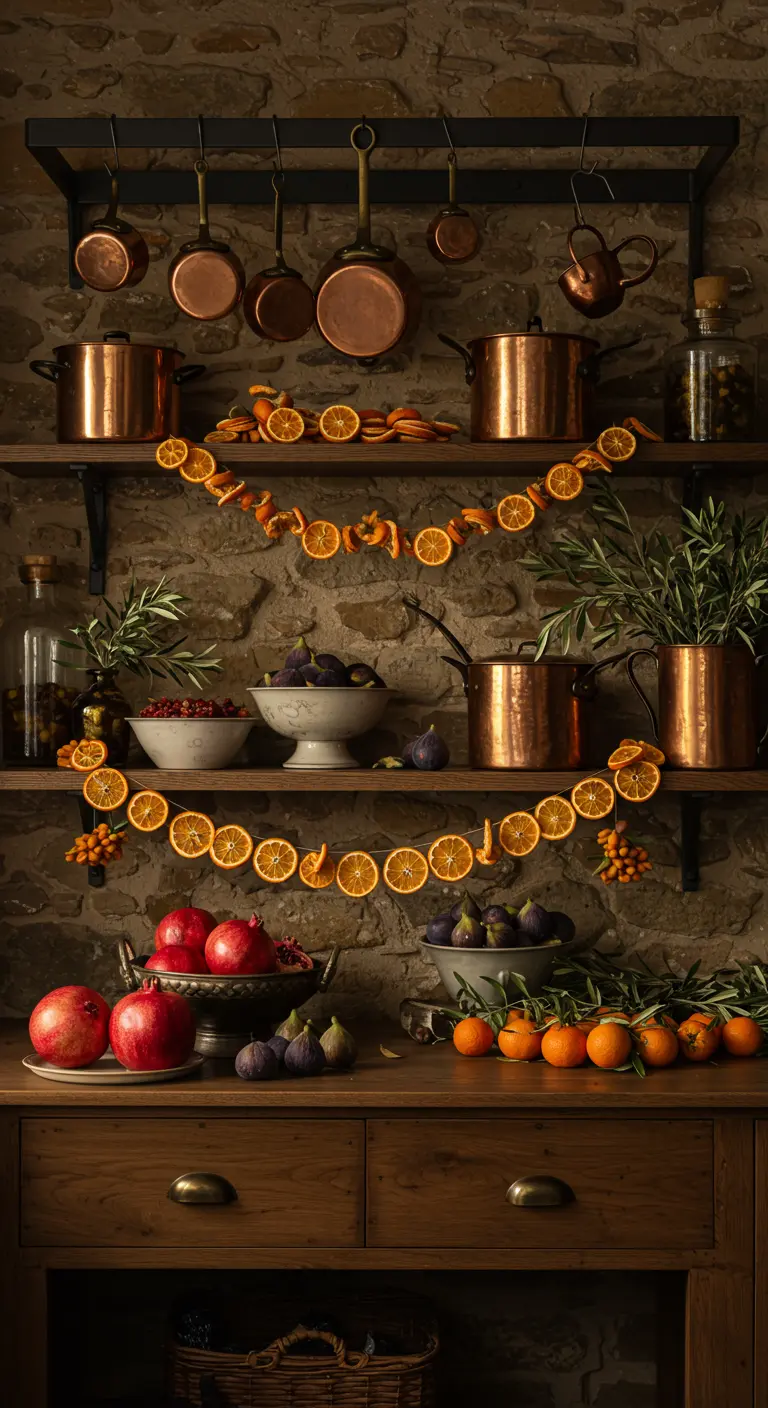 Estantes de cocina con ollas de cobre y guirnaldas de naranjas secas.