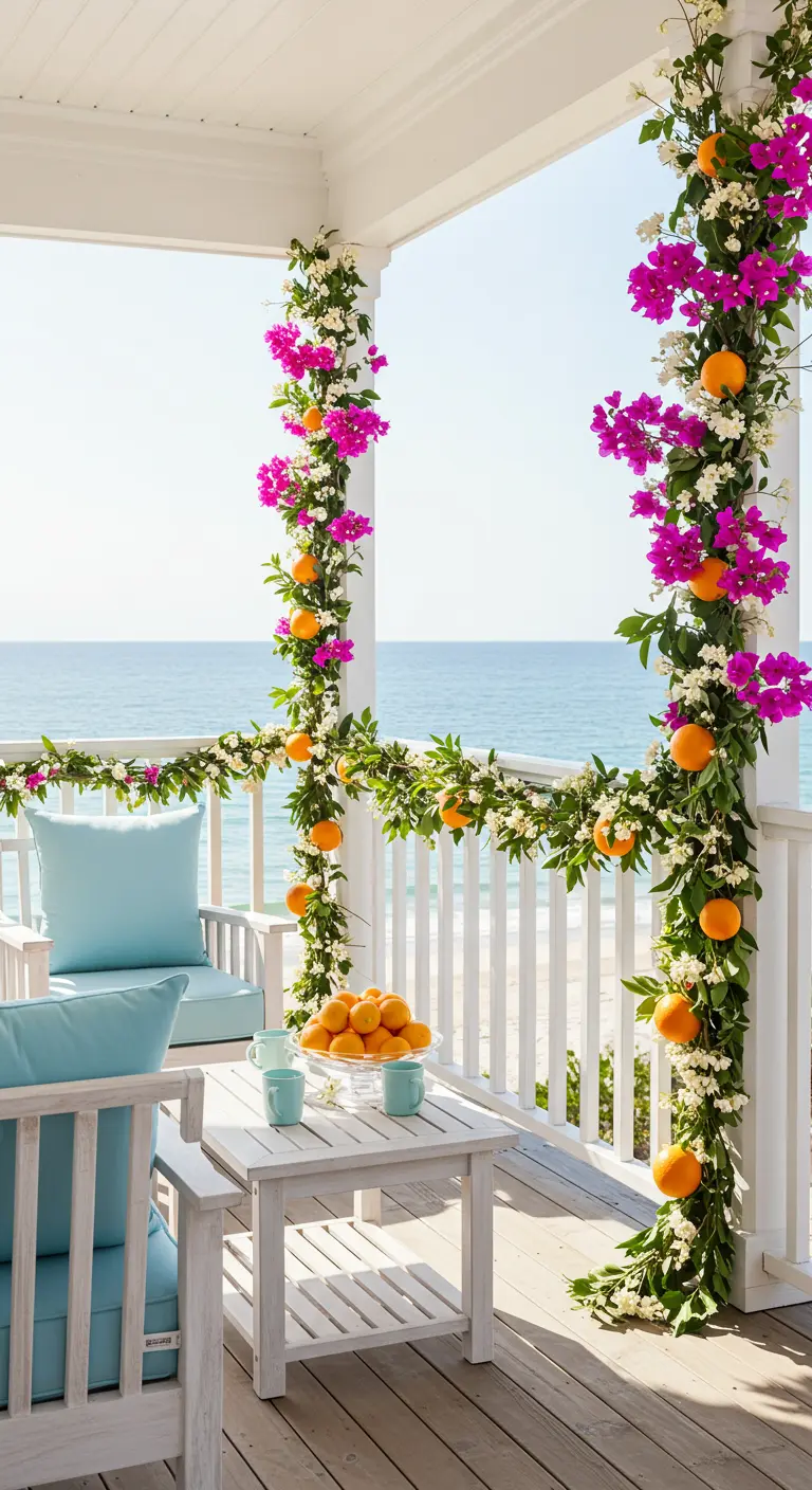 Porche con vistas al mar decorado con guirnaldas de buganvillas y naranjas.