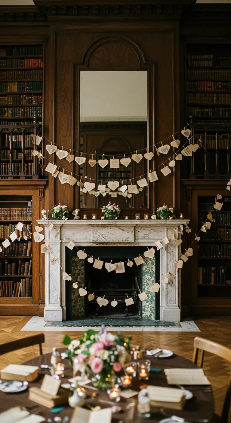 Chimenea de mármol en una biblioteca decorada con guirnaldas de corazones recortados de páginas de libros.