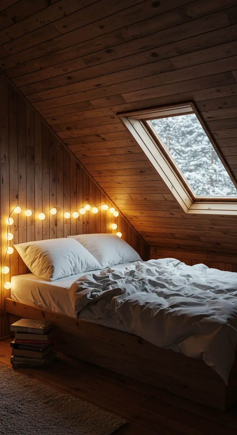 Cama bajo un techo abuhardillado de madera con una guirnalda de luces cálidas.
