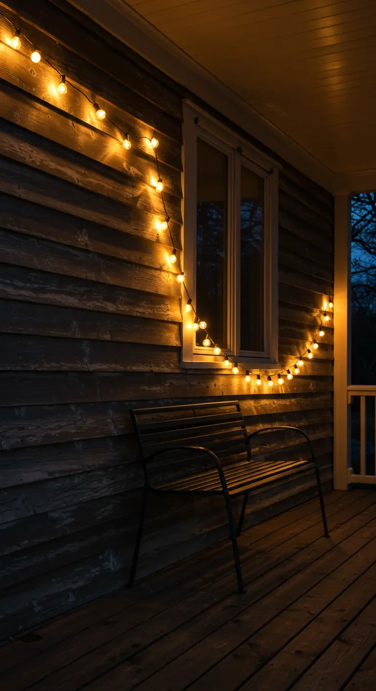 Guirnalda de luces cálidas colgada en la pared de un porche de madera por la noche.