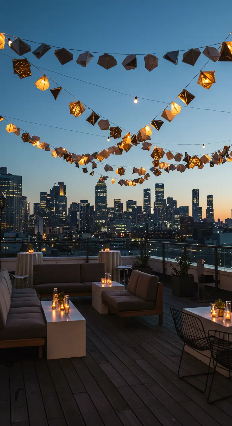 Terraza en un ático con vistas a la ciudad, decorada con guirnaldas de papel dorado iluminadas.