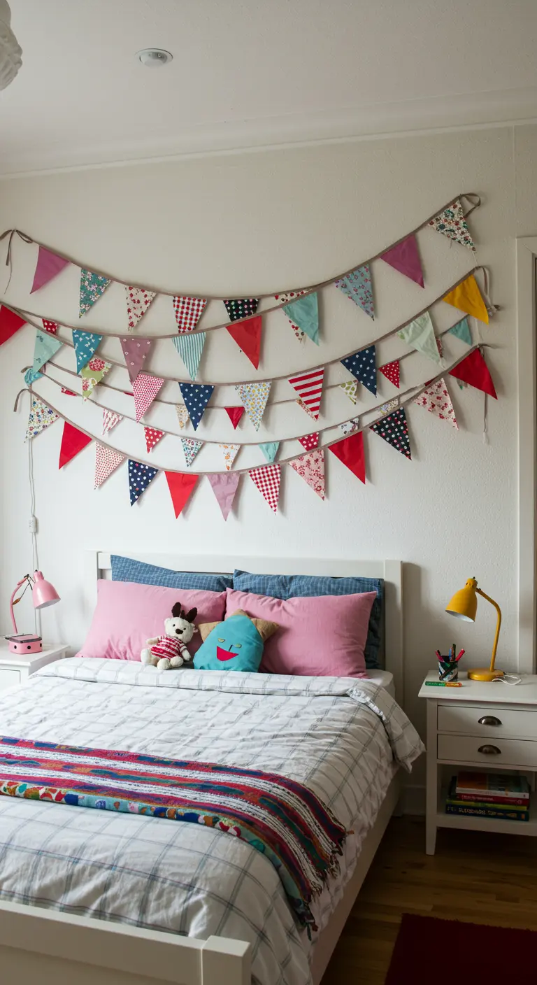 Pared sobre la cama decorada con varias guirnaldas de banderines hechos con retales de tela de colores.
