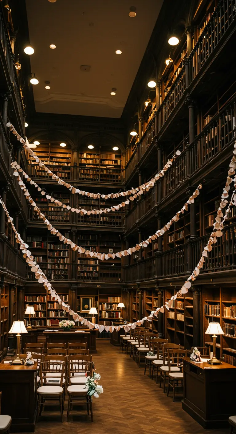Salón de una biblioteca decorado con guirnaldas hechas de páginas de libros antiguos.