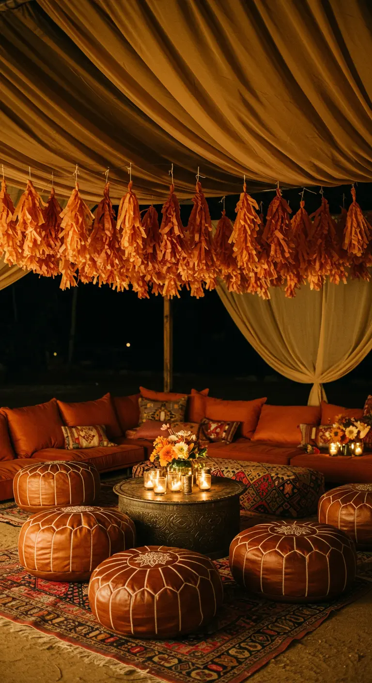 Guirnaldas de borlas de papel color terracota colgando en una zona lounge de estilo marroquí.