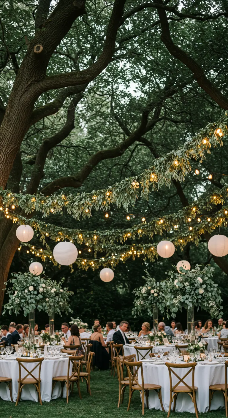 Lámparas de papel y guirnaldas de luces con hojas verdes sobre mesas de boda.