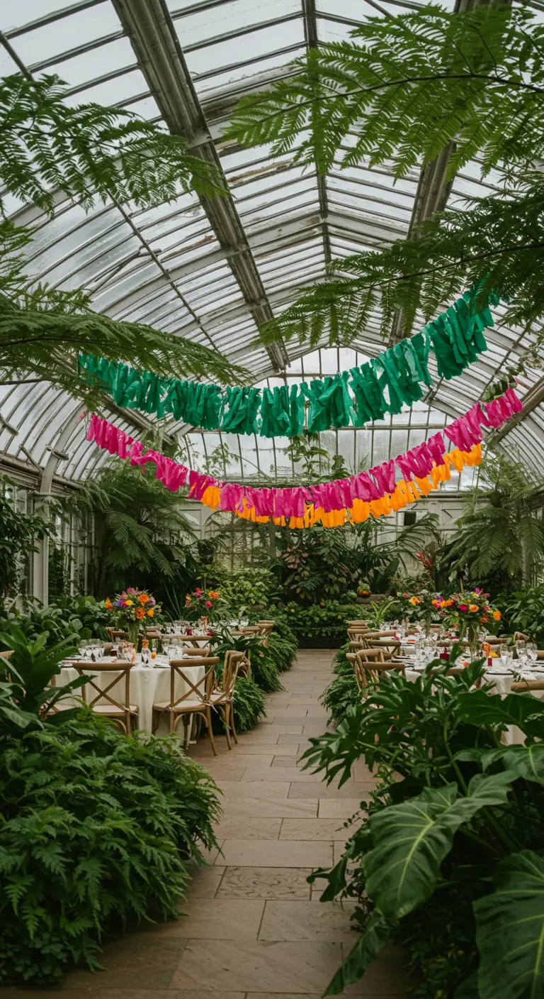 Invernadero con mesas para un evento, decorado con guirnaldas de papel gruesas y coloridas.