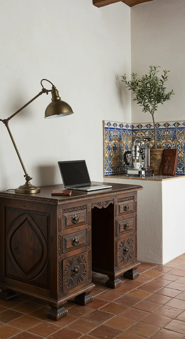 Escritorio de madera tallada con un fondo de azulejos azules y blancos.