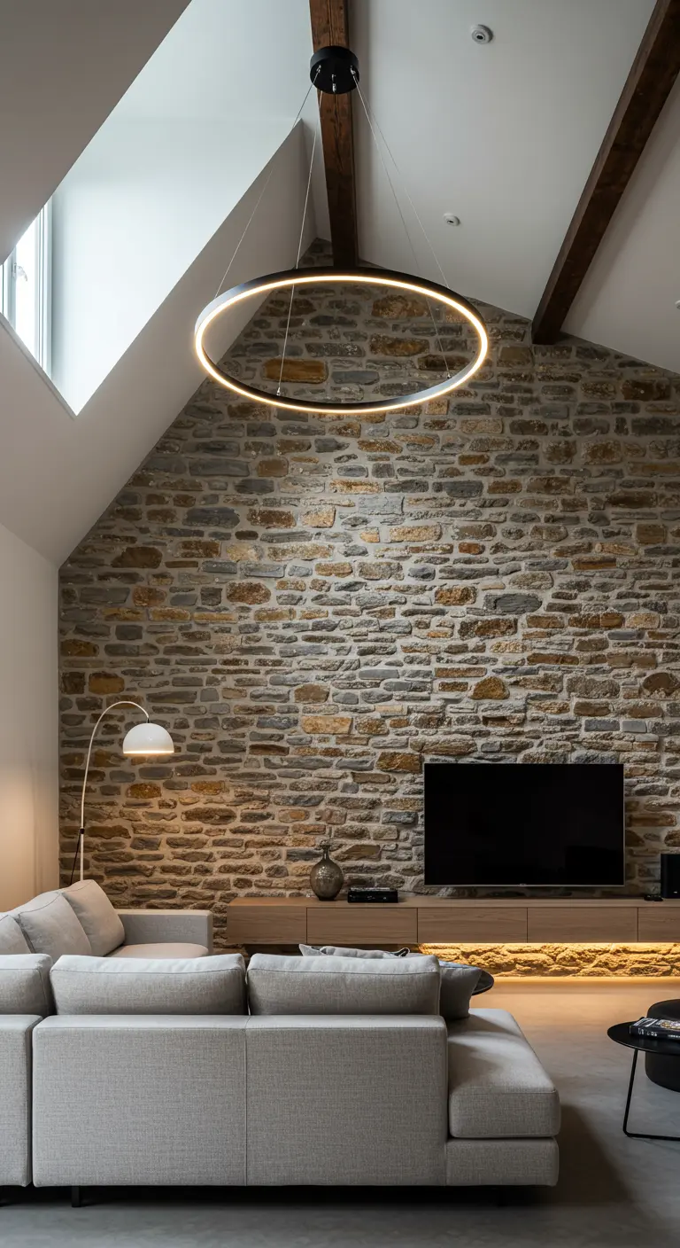 Sala moderna con pared de piedra, sofá seccional gris y una gran lámpara LED circular.