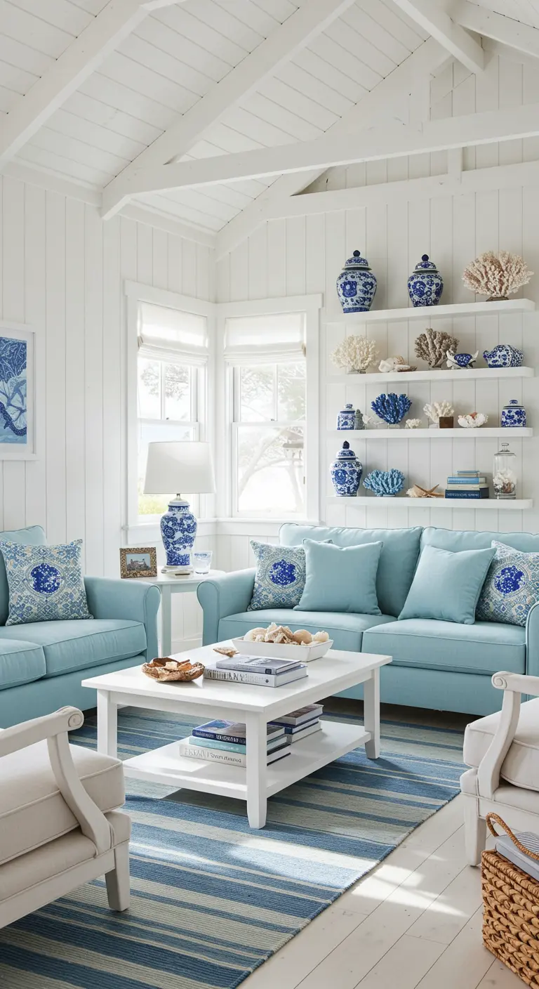 Sala de estar estilo Hamptons con sofás azules, paredes blancas y cerámica china azul y blanca.