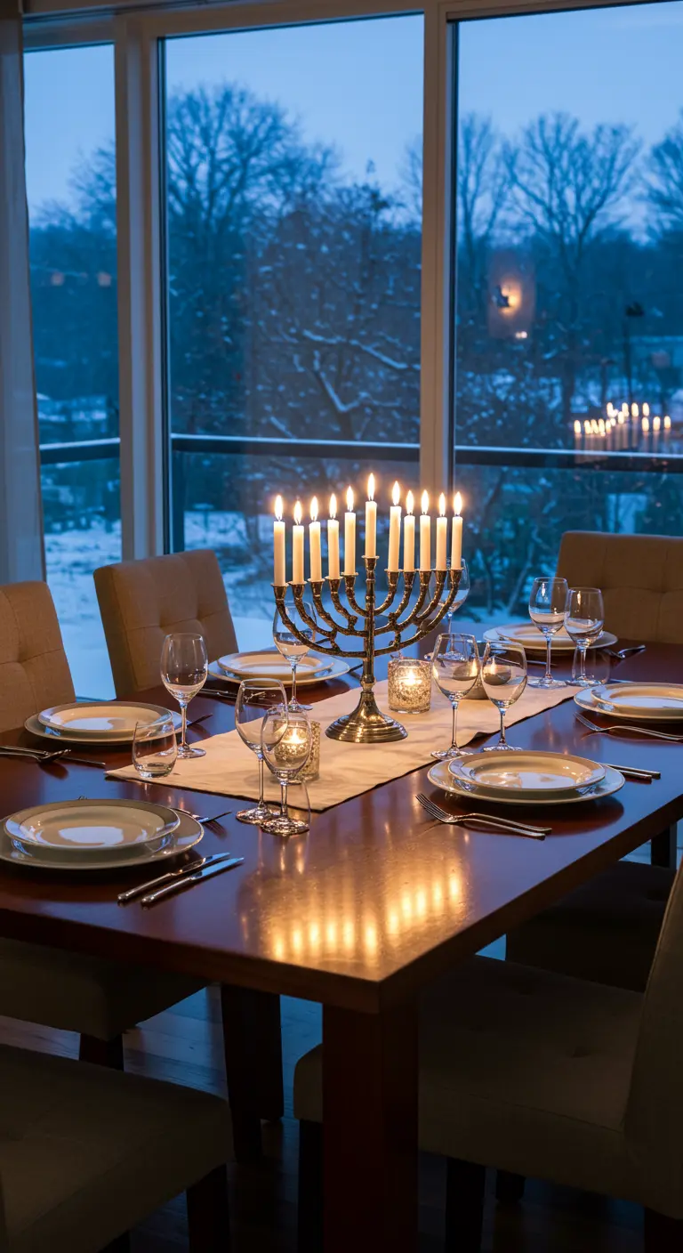 Mesa de Hanukkah con una menorá encendida, vajilla blanca y vista a un paisaje nevado.