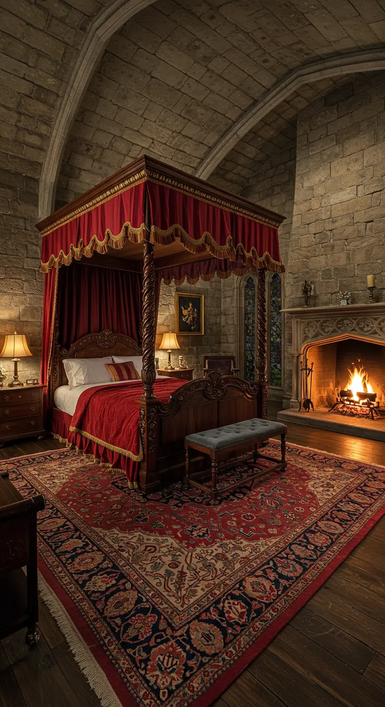 Dormitorio de castillo con cama con dosel roja, paredes de piedra y una chimenea encendida.