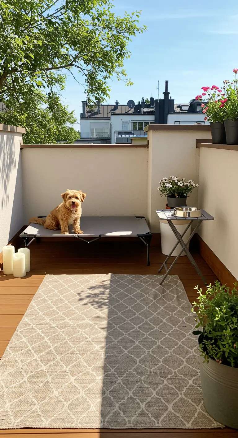 Perro pequeño descansando en una cama elevada y plegable para mascotas en una terraza de madera.
