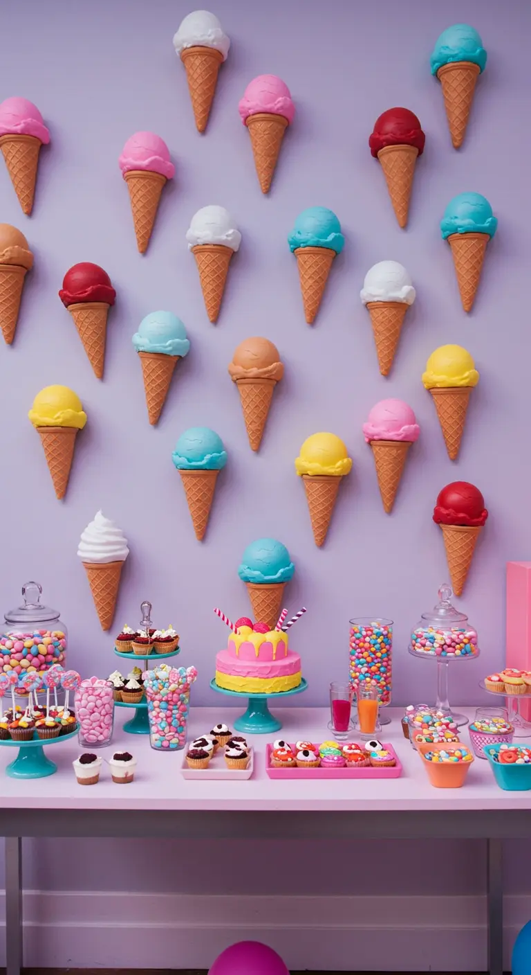 Pared lila con conos de helado falsos de colores montados en un patrón sobre una mesa de dulces.