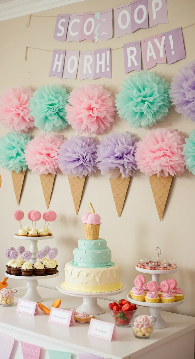 Pared decorada con una guirnalda de helados hechos con pompones y conos de papel.
