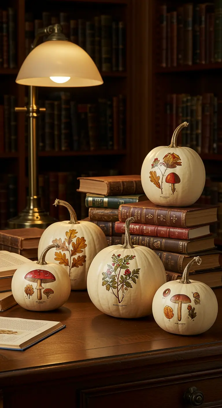 Calabazas de color crema con ilustraciones botánicas de estilo vintage de hojas, setas y bayas.