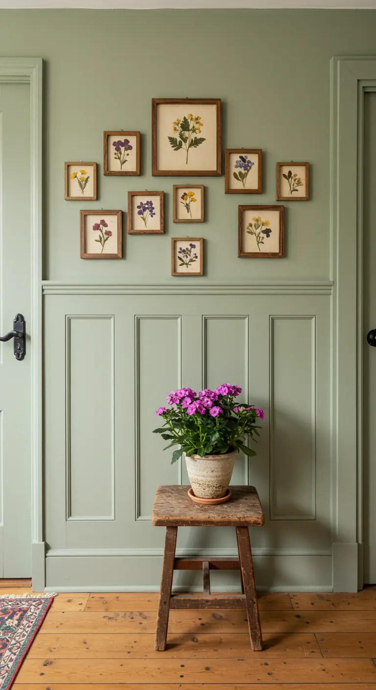 Pared de recibidor verde salvia con una colección de cuadros con flores prensadas enmarcadas.