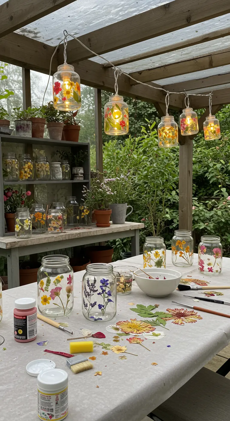 Guirnalda de luces hecha con frascos de vidrio decorados con flores prensadas y secas.