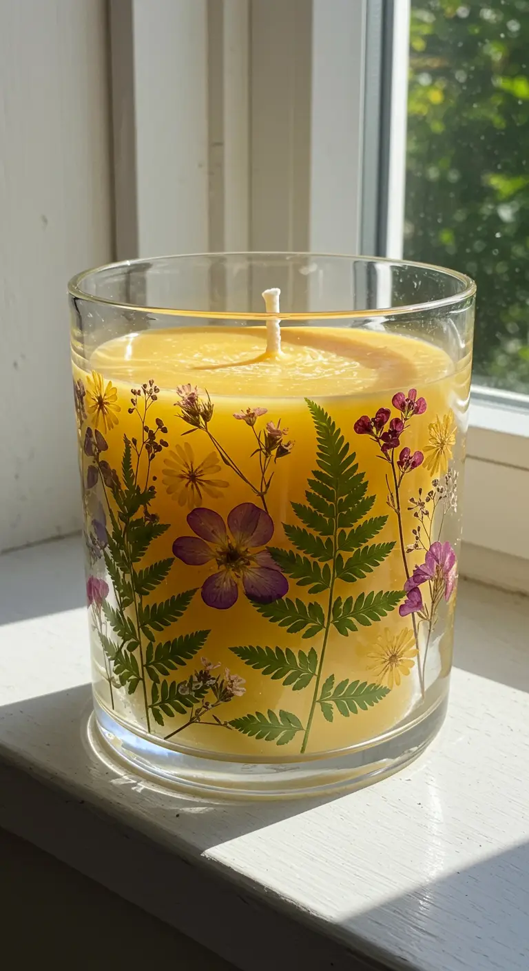 Vela de cera de abeja en un vaso de cristal grande decorado con flores silvestres y helechos prensados.