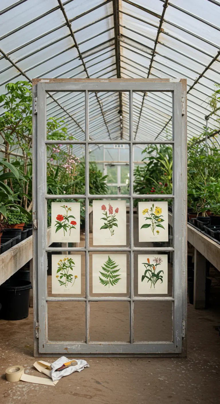 Ventana gris en un invernadero mostrando láminas de ilustraciones botánicas.