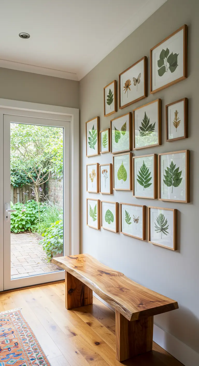 Pasillo con pared de láminas botánicas y un banco rústico de madera natural con borde vivo.