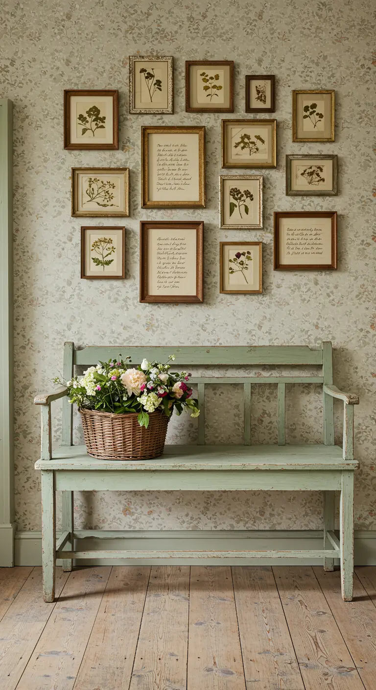Entrada de estilo cottagecore con una pared de galería con flores prensadas y textos manuscritos.