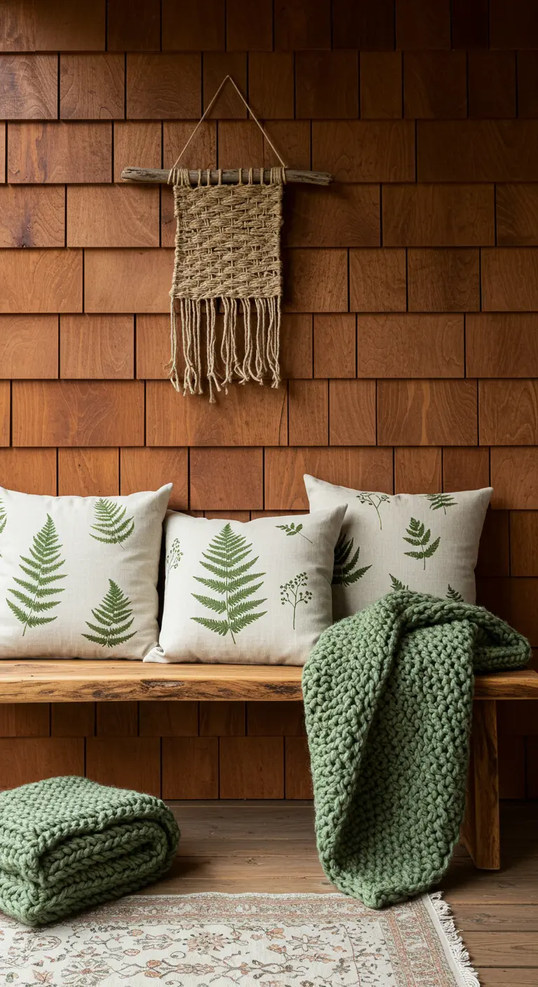 Banco de madera con cojines de lino estampados con hojas de helecho y una manta de punto verde.