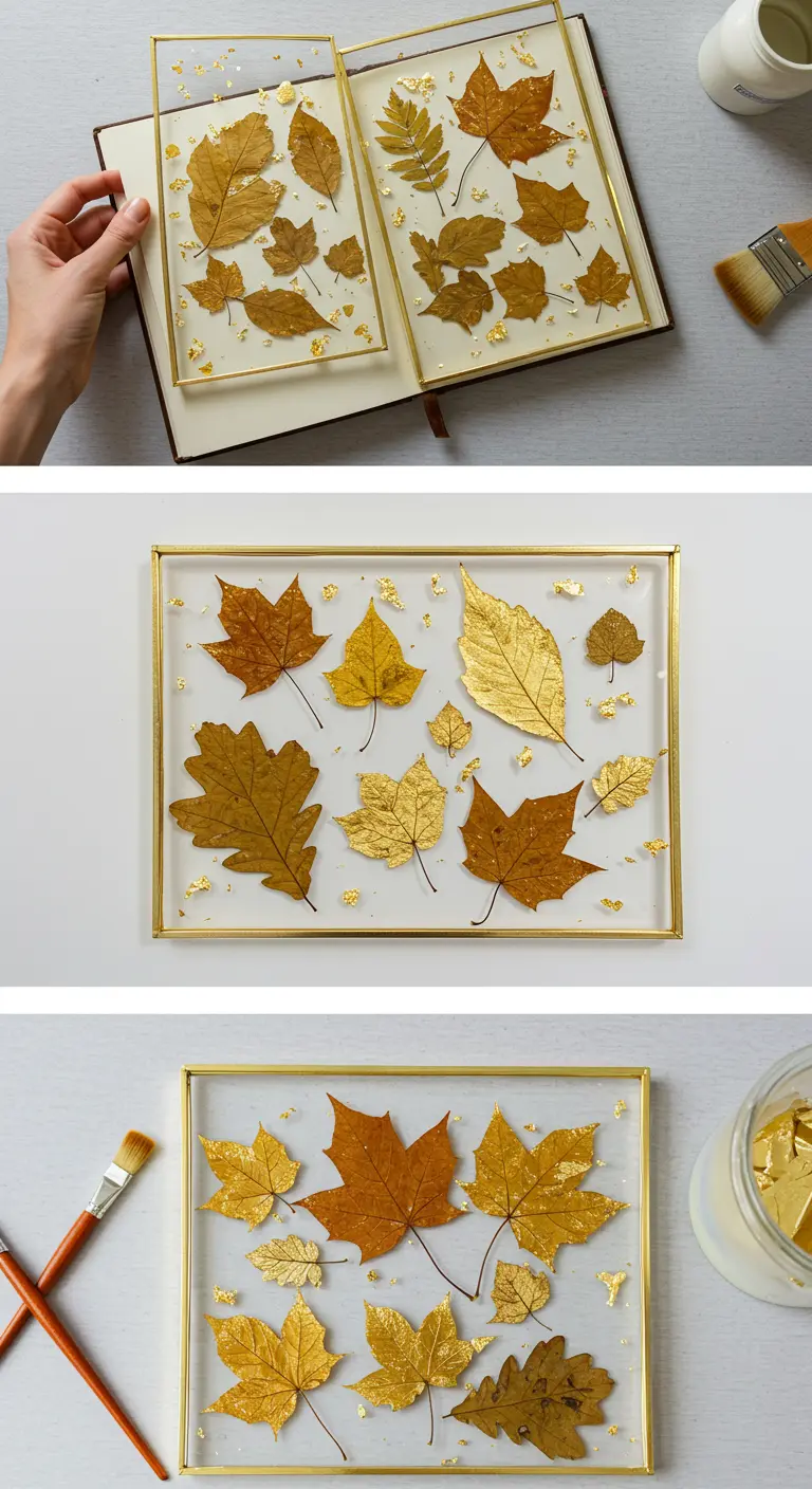 Hojas de otoño prensadas y escamas de pan de oro dispuestas dentro de un marco de cristal dorado.