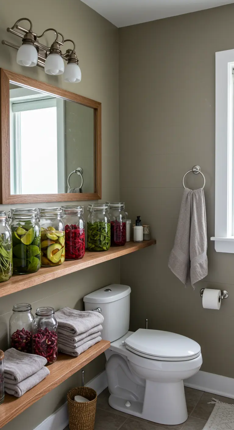 Estanterías de madera con grandes frascos de vidrio llenos de limas, aguacates y flores preservadas.