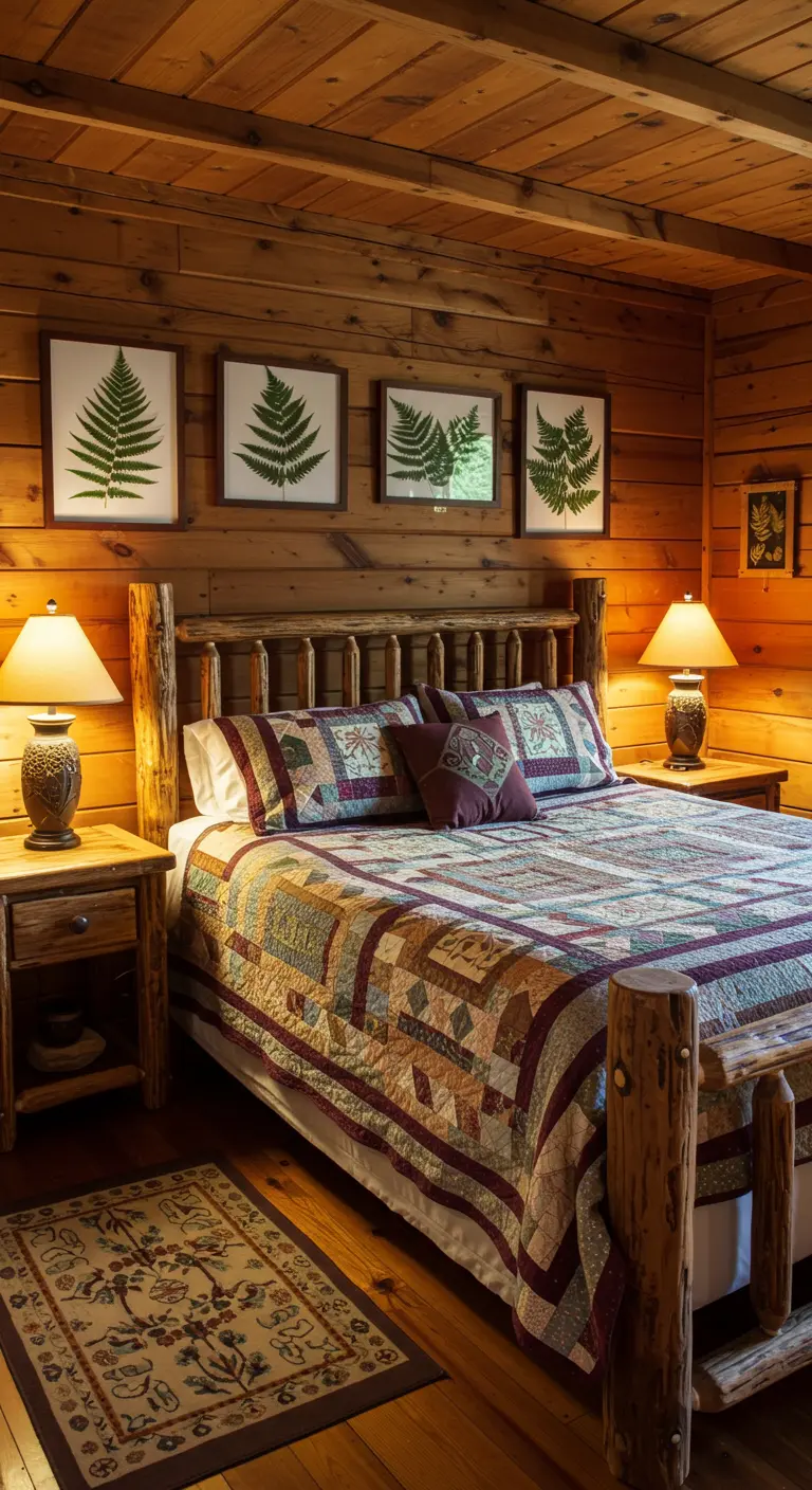 Dormitorio de cabaña con cuadros de helechos prensados sobre una cama de troncos.