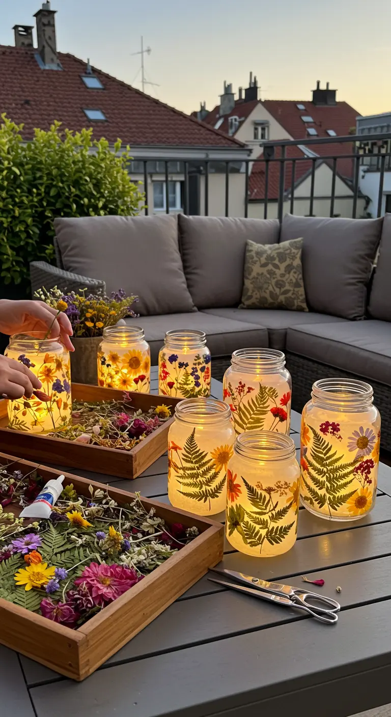 Persona pegando flores y hojas prensadas en frascos de vidrio para crear farolillos botánicos DIY.