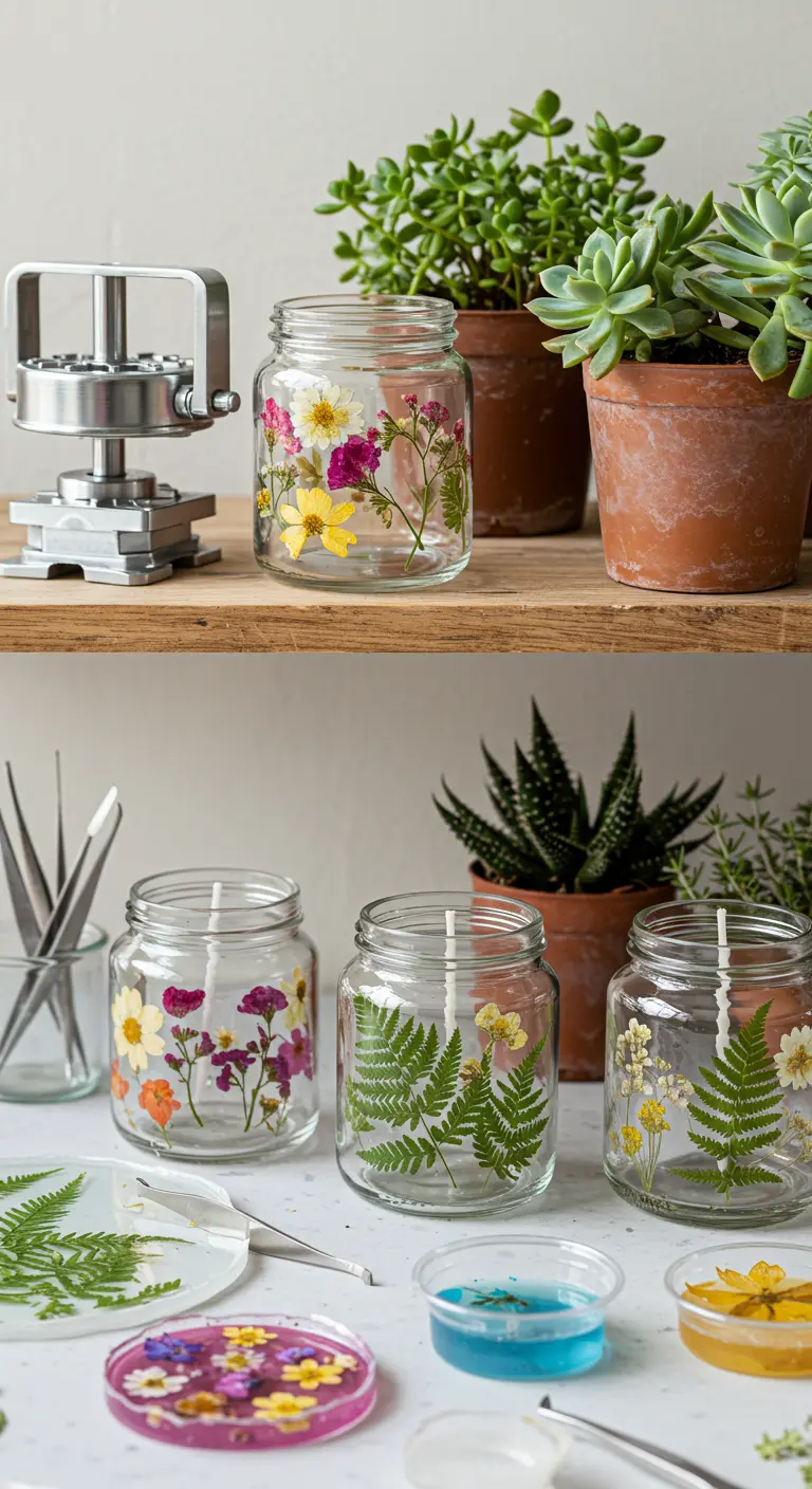 Frascos de vidrio decorados con flores y hojas prensadas, mostrando el proceso de creación.