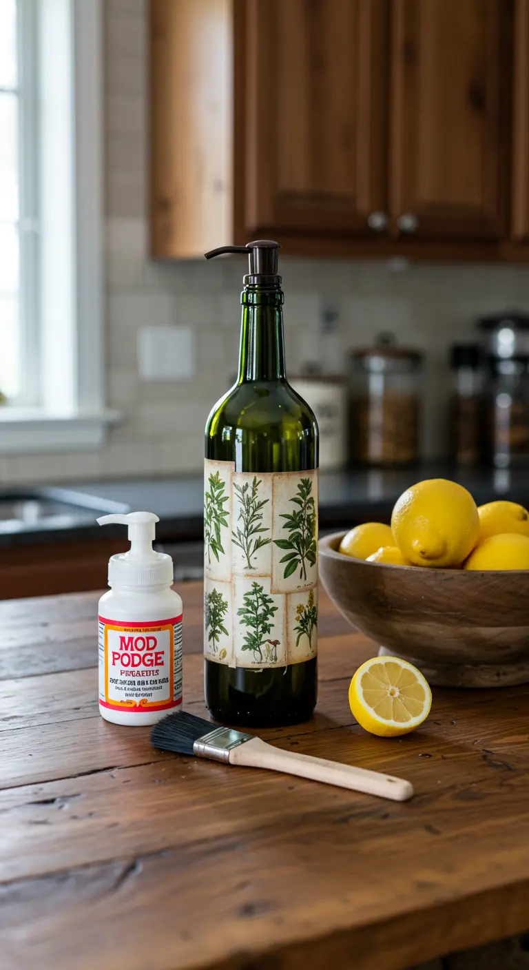 Botella de vino verde reutilizada como dispensador de jabón, decorada con ilustraciones botánicas.