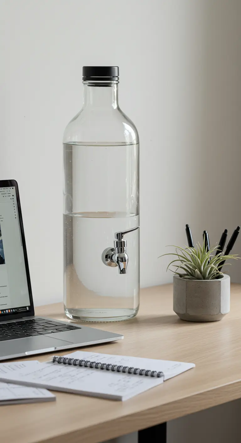 Botella de vidrio grande y transparente con grifo, usada como dispensador de agua en un escritorio.