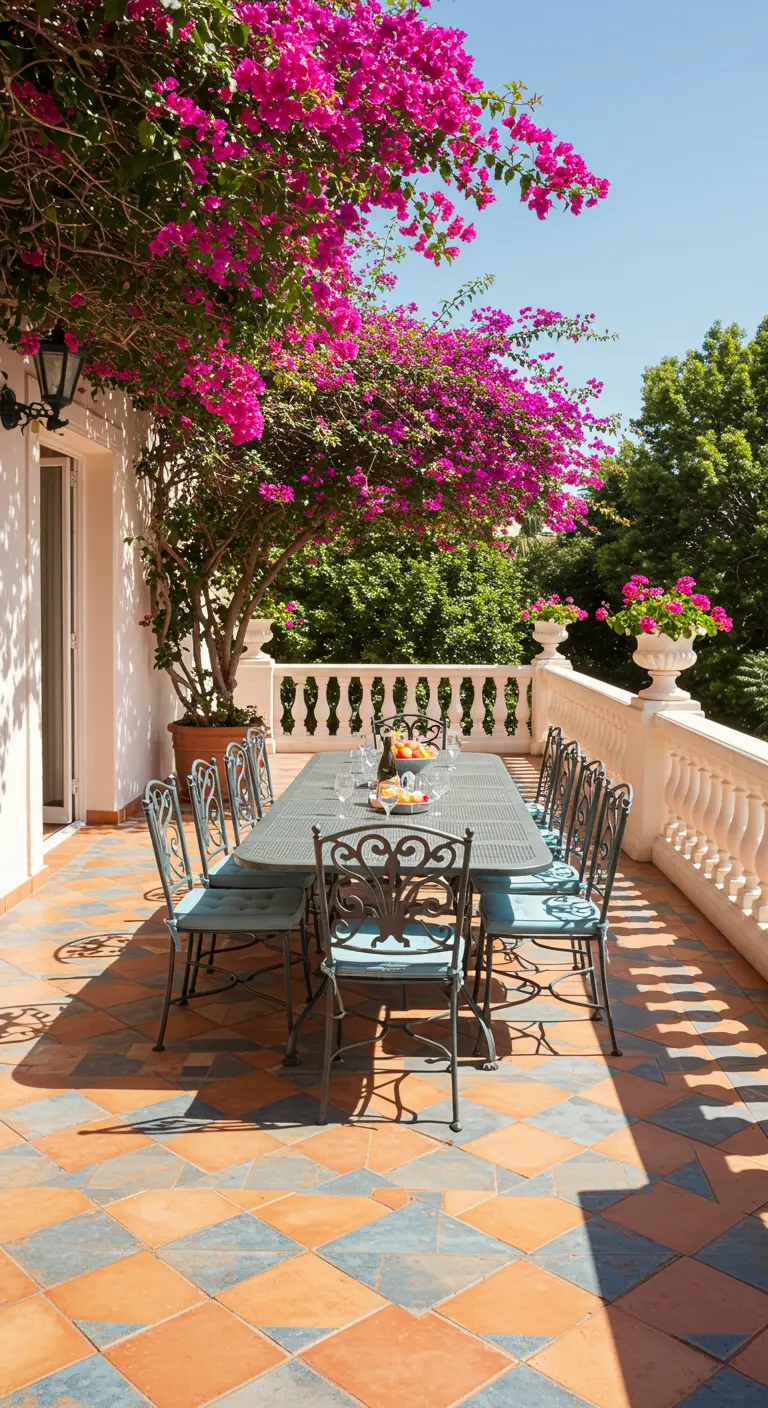 Terraza soleada con suelo de baldosas naranjas y azules, y un comedor de hierro forjado.